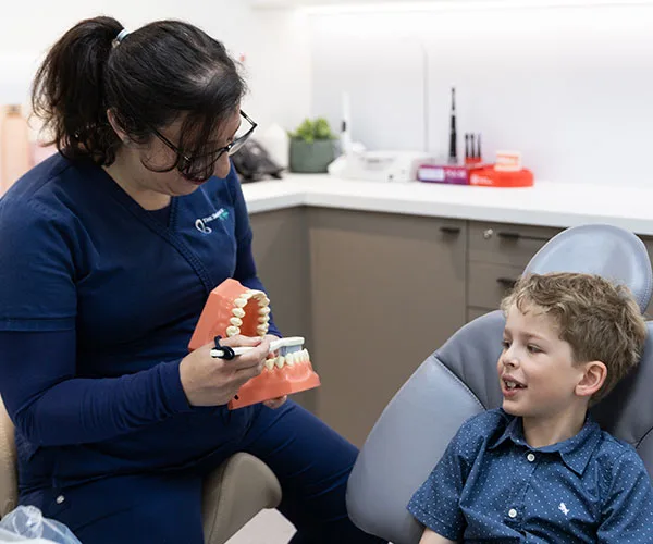 A dentist explaining brushing with a dental model to a child, from the client’s children’s dentistry page